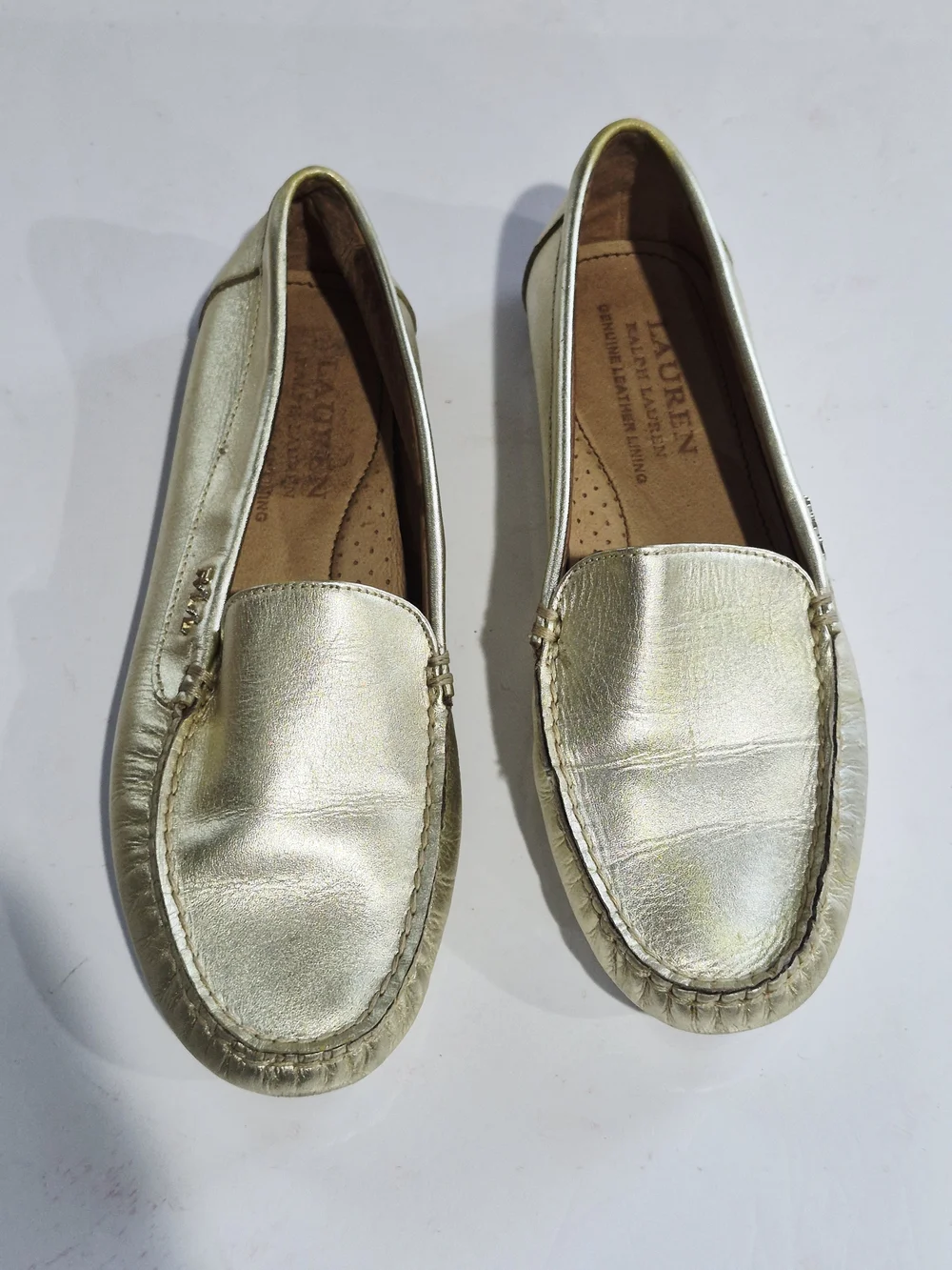 Metallic Gold Leather Driving Loafers for Women Size 6.5